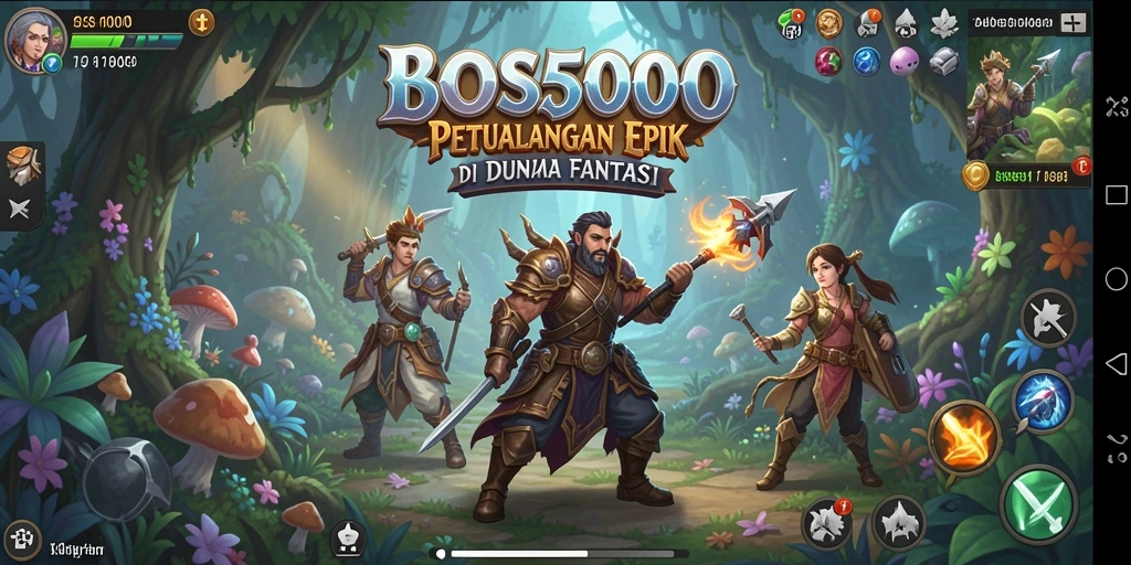 Screenshot utama BOS5000 menampilkan karakter bertarung di dunia fantasi yang menakjubkan.