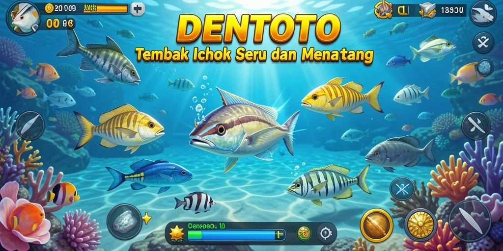 Tampilan gameplay menembak ikan yang memukau dan penuh warna.