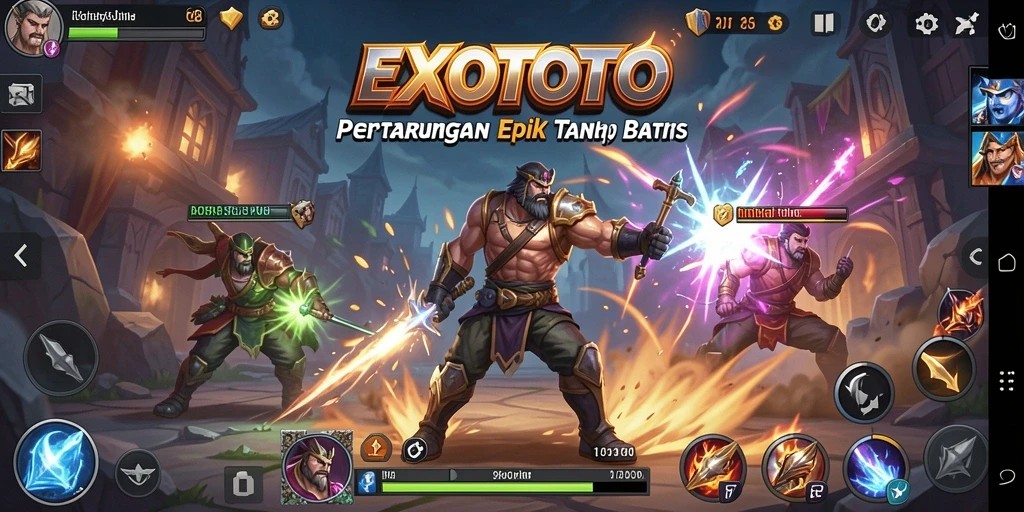 Screenshot utama EXOTOTO menampilkan pertarungan seru dengan karakter unik.