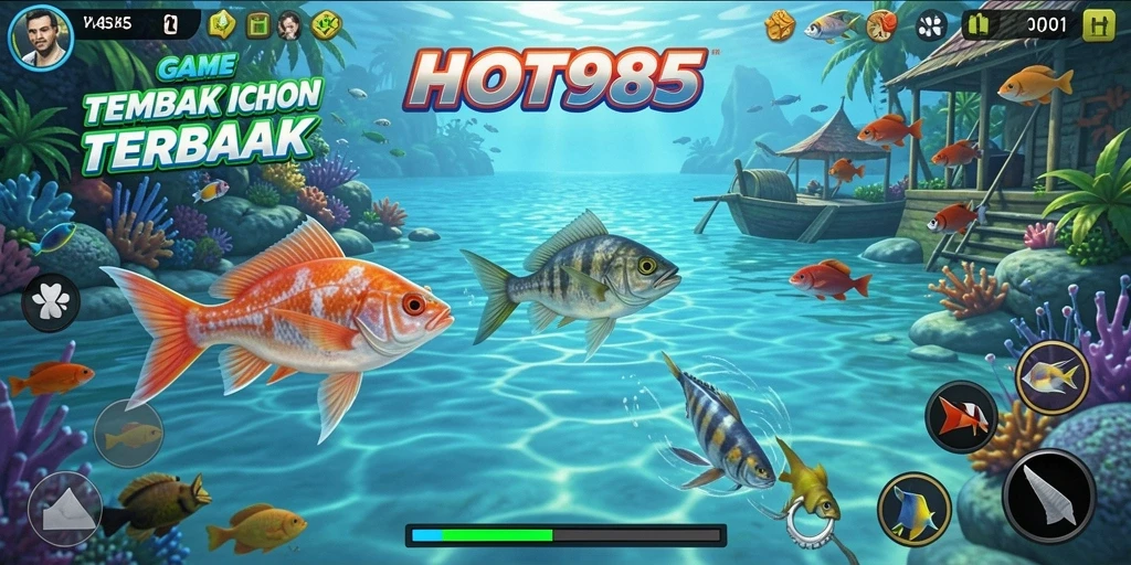 Screenshot gameplay HOT985 menampilkan aksi menembak ikan yang seru.