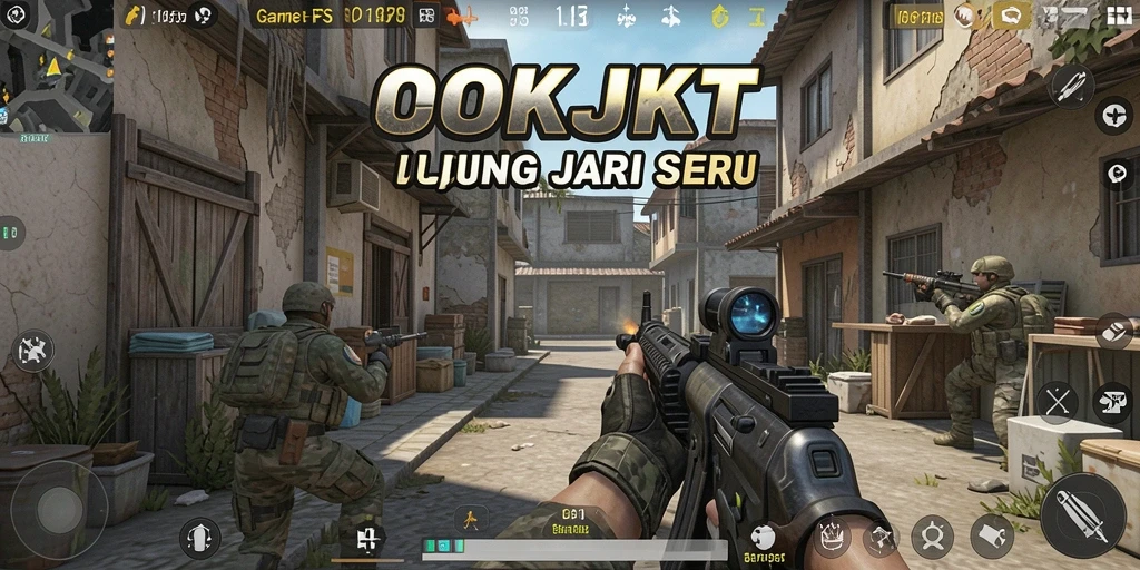 Screenshot gameplay yang intens dari OKJKT menunjukkan aksi tembak-menembak.