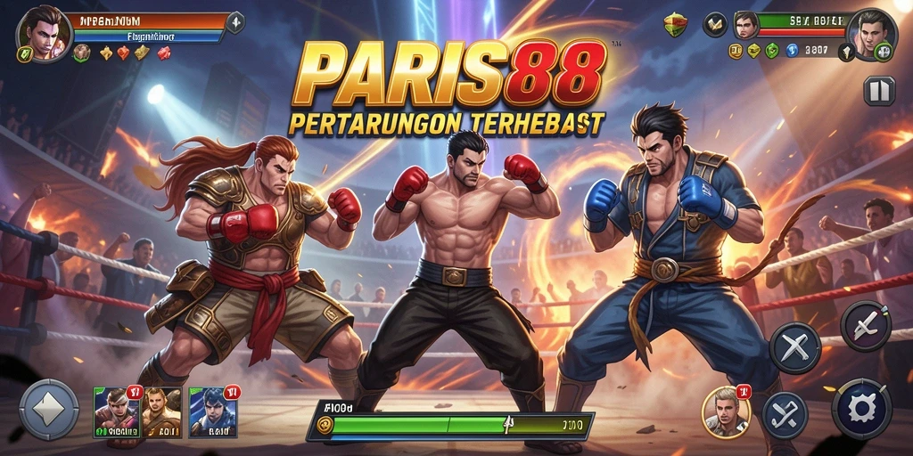 Tangkapan layar gameplay PARIS88 menunjukkan pertarungan intens di arena yang menegangkan.