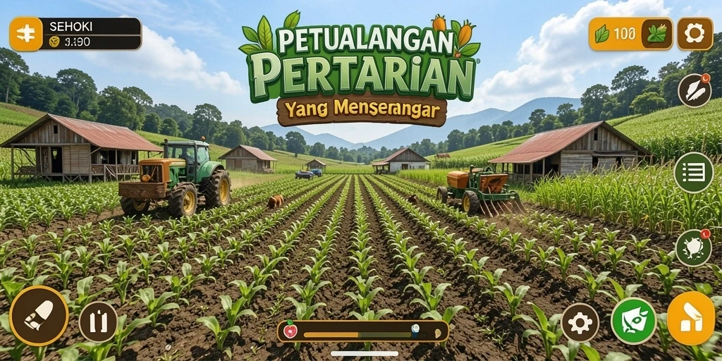 Tampilan gameplay SEHOKI dengan pertanian yang cerah dan menarik.